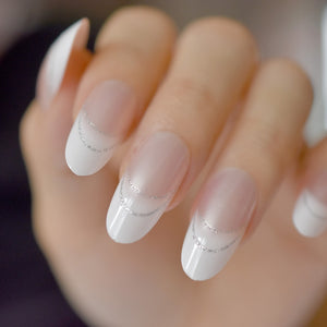 Long Round Fake Nails Natural Pink Silver