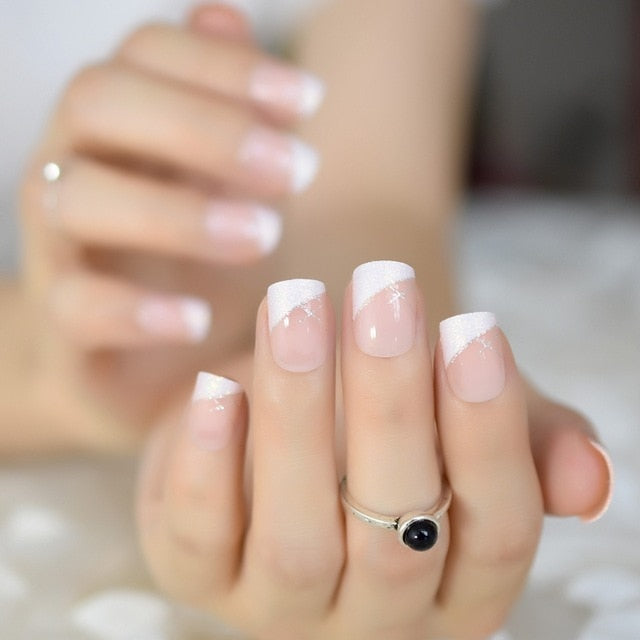 Long Round Fake Nails Natural Pink Silver