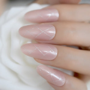 Long Round Fake Nails Natural Pink Silver