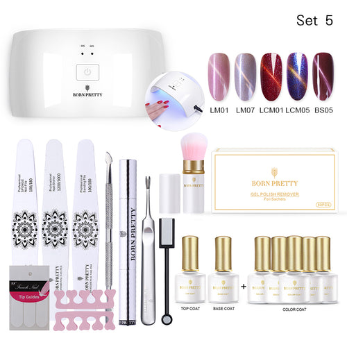 BORN PRETTY Nail Gel Polish Kit with 24W UV Lamp Top Base Coat Color Gel Dead Skin Fork Nail Art Buffer Set