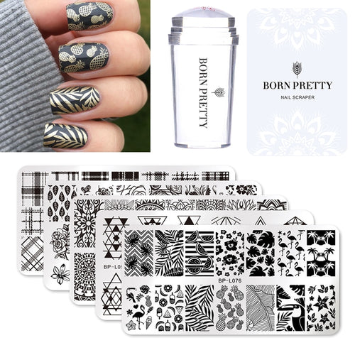 BORN PRETTY Nail Stamping Plate Stamper Scraper Set 3 Pcs Summer Image Printing Template Rectangle Manicure Stamp Kit