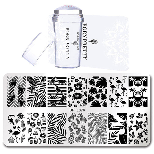 BORN PRETTY Nail Stamping Plate Stamper Scraper Set 3 Pcs Summer Image Printing Template Rectangle Manicure Stamp Kit