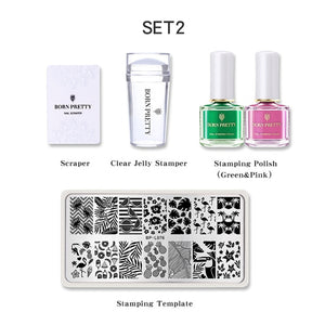 BORN PRETTY Nail Art Stamping Set Nail Clear Jelly Stamper Scraper Stamping Template Tools With 2 Bottles Stamping Nail Polish