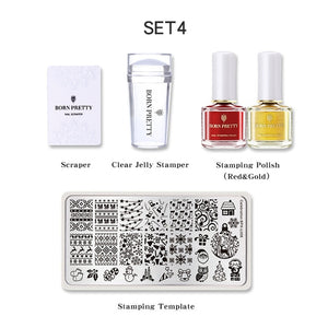 BORN PRETTY Nail Art Stamping Set Nail Clear Jelly Stamper Scraper Stamping Template Tools With 2 Bottles Stamping Nail Polish