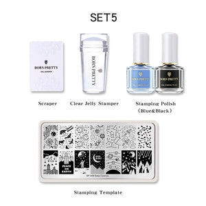 BORN PRETTY Nail Art Stamping Set Nail Clear Jelly Stamper Scraper Stamping Template Tools With 2 Bottles Stamping Nail Polish