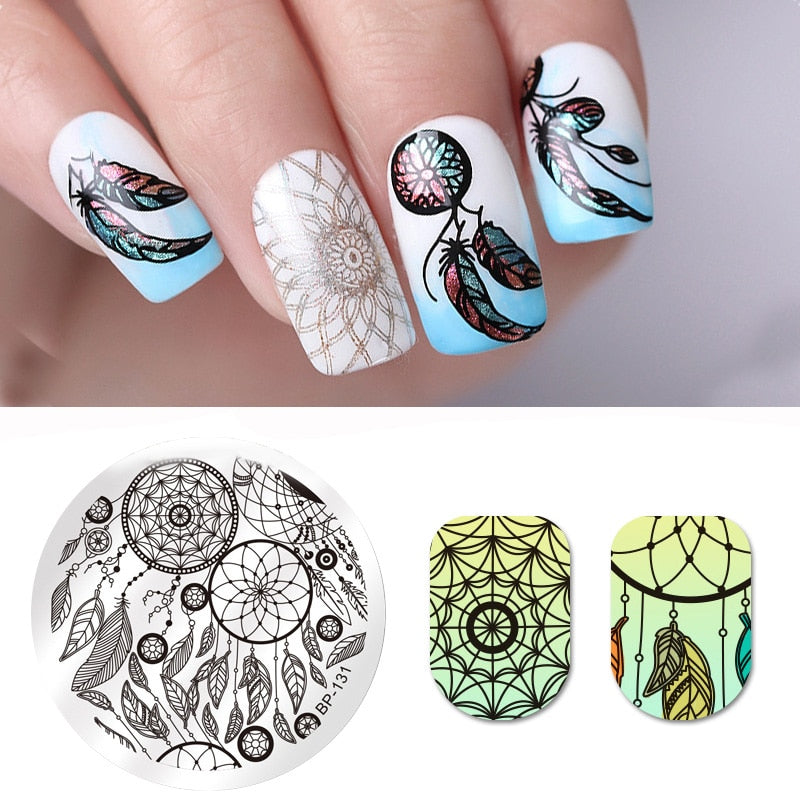 BORN PRETTY Round Nail Stamping Plate Dream Catcher Feather Design