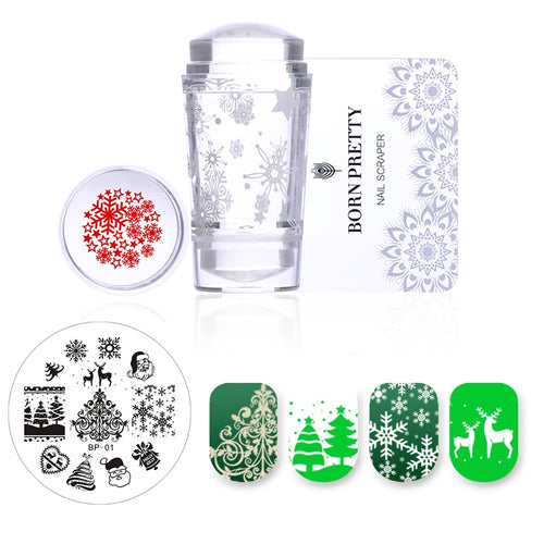 BORN PRETTY Christmas XMAS Theme Nail Stamping Plate Stamper and Scraper Set Clear Snowflake Printing Template Manicure Art Tool