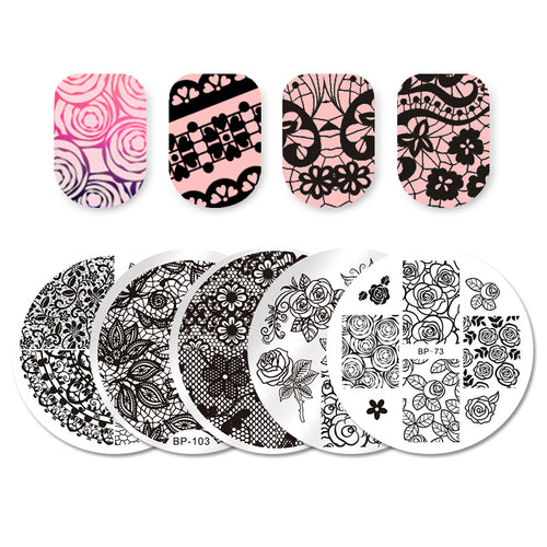 BORN PRETTY 5 Pcs Round Nail Art Stamp Template Set Butterfly Flower Lace Rose Design Printing Plate Manicure Art Stencil Kit