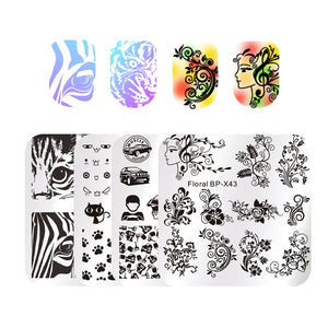 BORN PRETTY 4 Pcs Nail Art Stamping Template Set Flower Vine Rose Cat Tiger Leopard Car Image Printing Plates Manicure Stencil